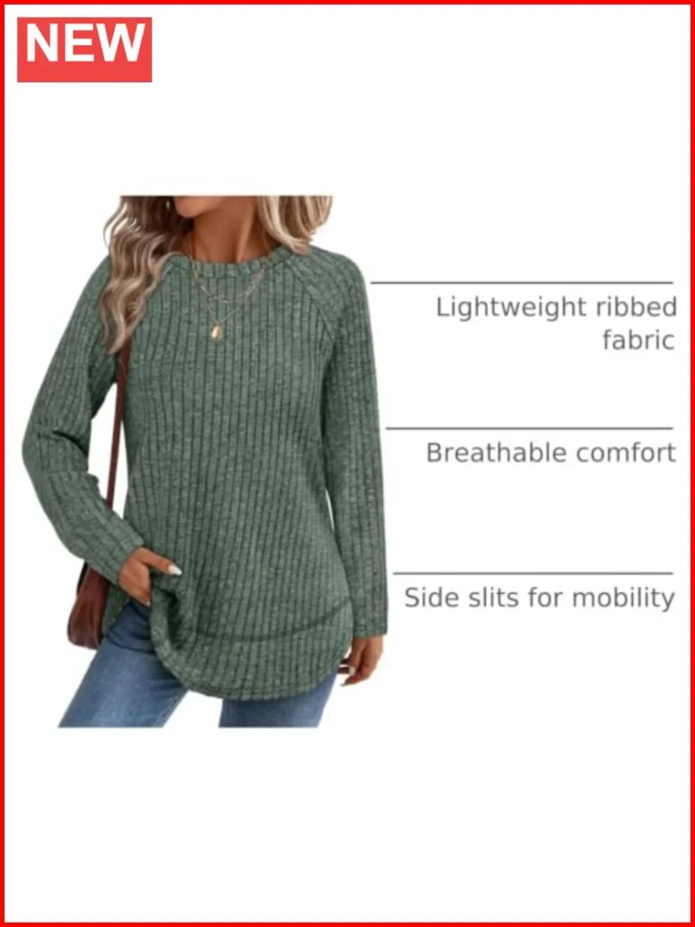 Womens Lightweight Ribbed Tunic High Low Hem Long Sleeve Top